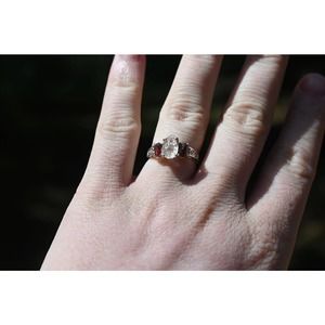 Alternative diamond engagement ring,  raw Garnet and Lake county diamond